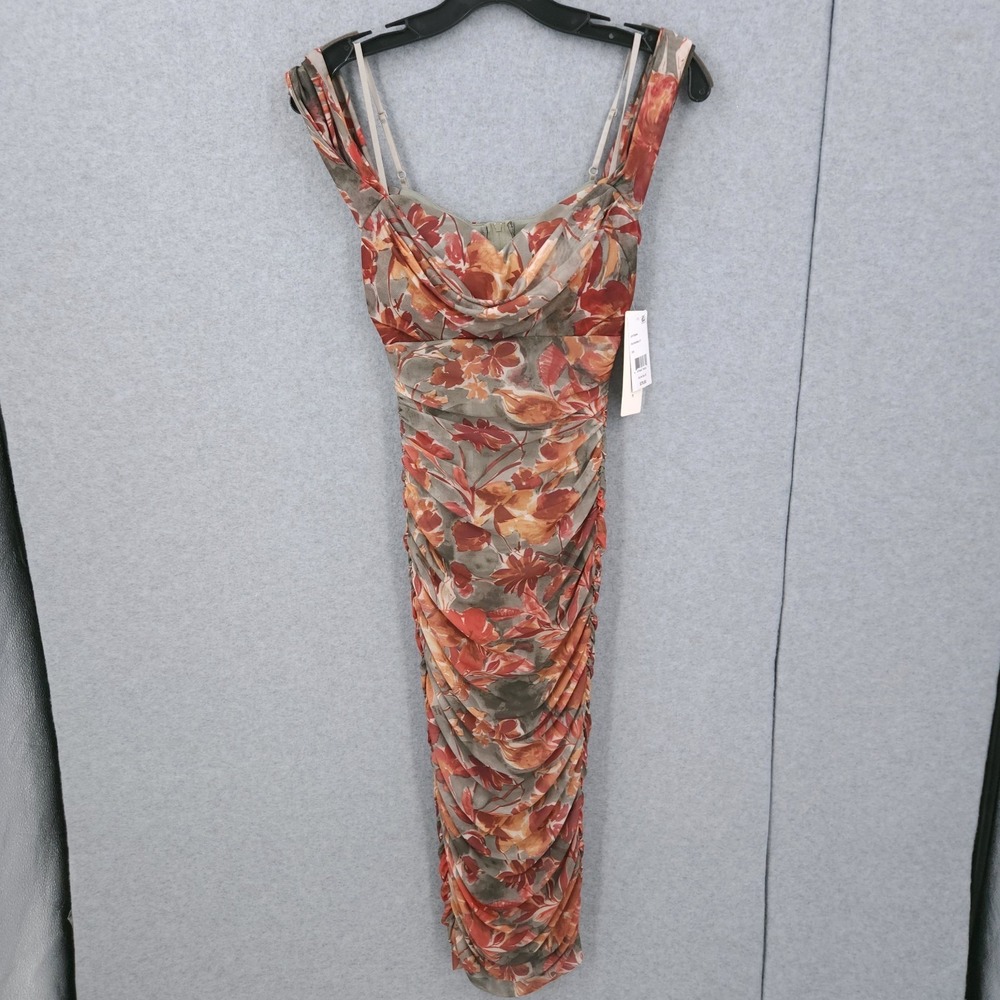 Katia Rae Printed Floral Off Shoulder Ruched Mesh Midi Dress Olive Cowlneck XS - Picture 2 of 10